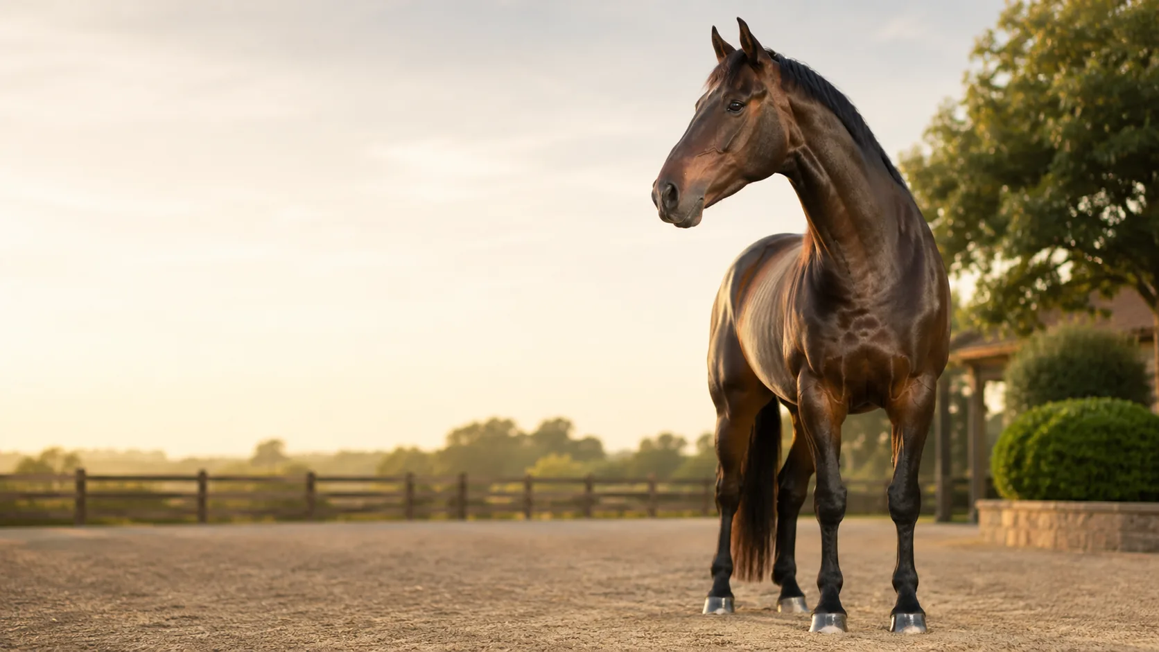 Full horse standing in a sunlit arena